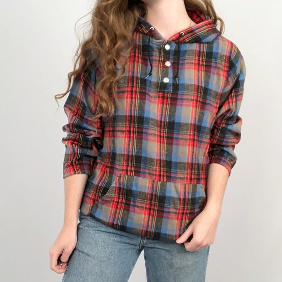 Vintage 90's Skater Plaid Shacket Hoodie Sweatshirt Grunge Pouch Pocket Buttons - Picture 2 of 4